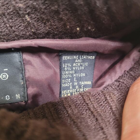 Vintage Saxony Sweater Mens Large Green Burgundy Patchwork Leather Suede 90s - Picture 8 of 11